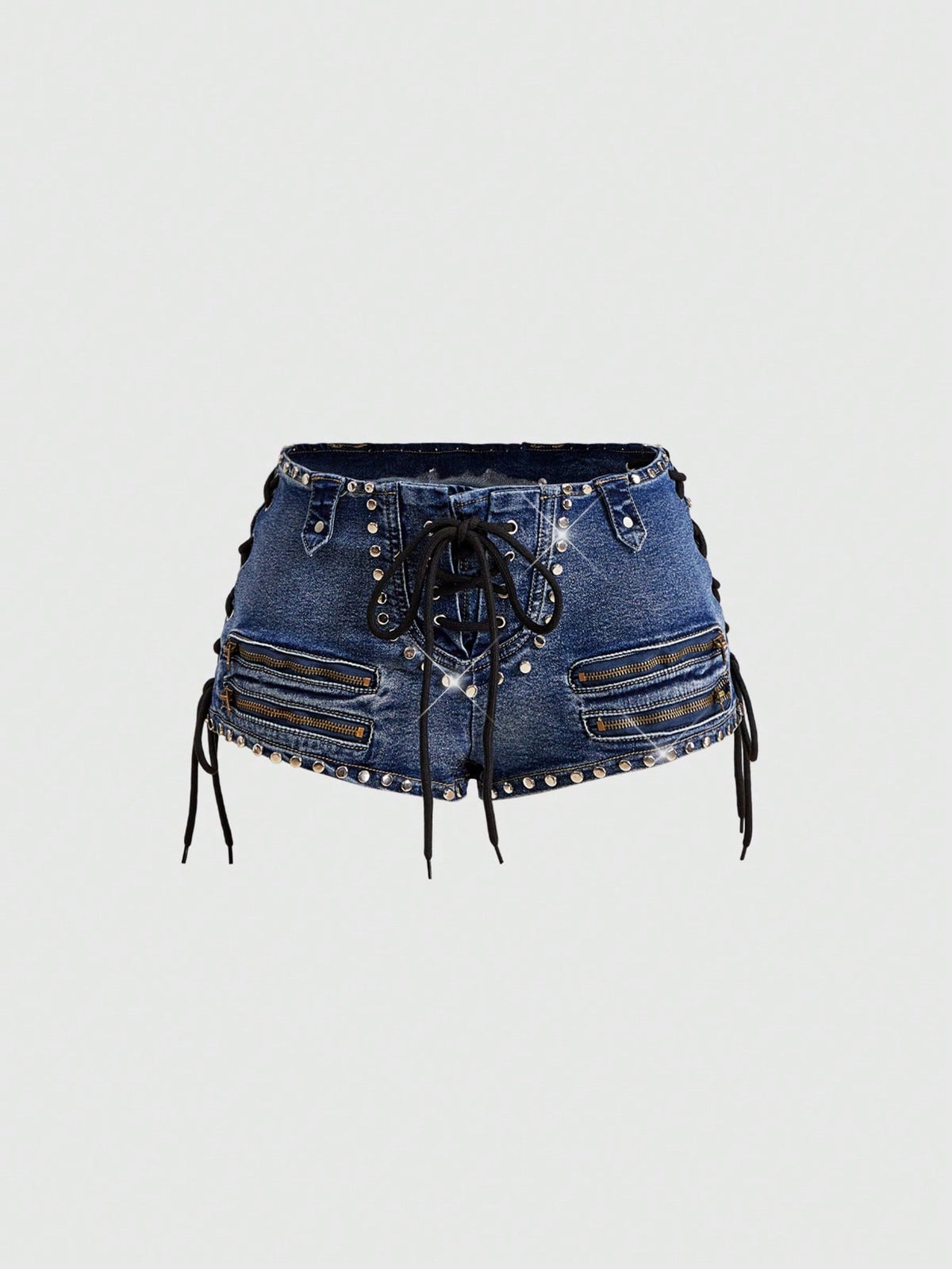 Women's low-rise studded denim mini shorts with a skinny fit and stretch fabric.