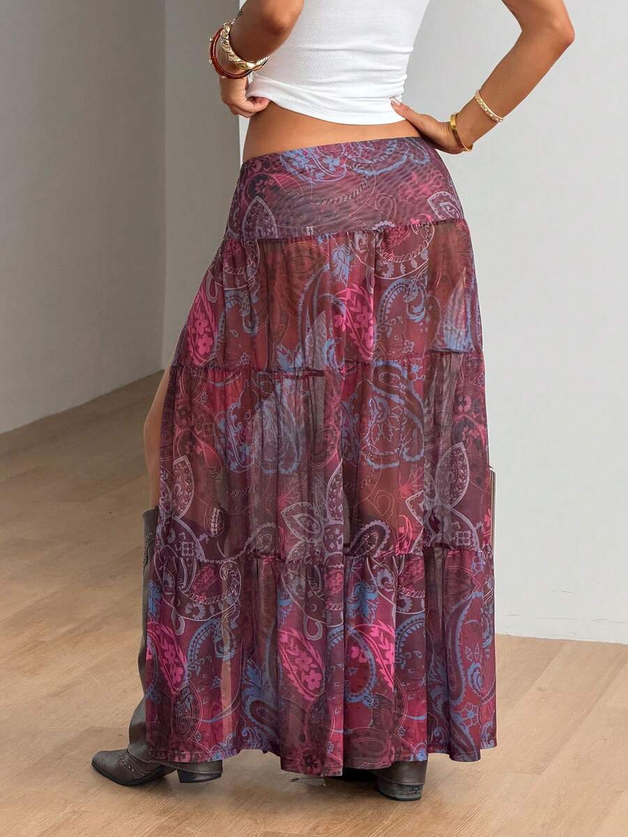 Women's floral split thigh long skirt in textured mesh fabric with a flared silhouette and low waist.