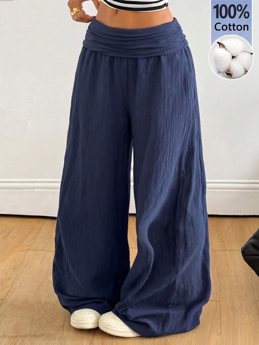 Women's 100% cotton casual wide leg pants with elastic waist and ruched detail