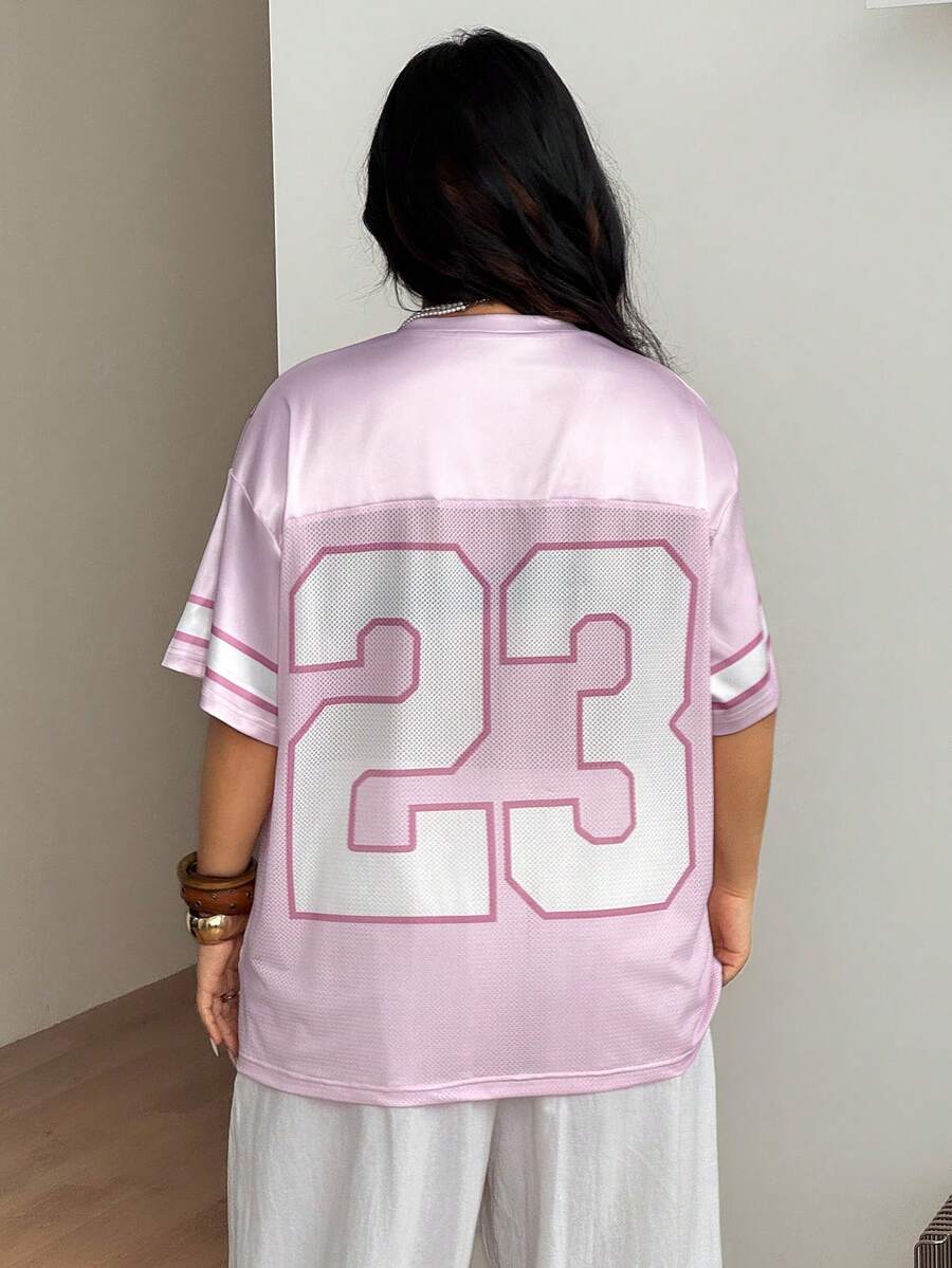 Navy blue plus size mesh baseball jersey t-shirt featuring a V-neck, raglan half sleeves, and sporty letter detailing.