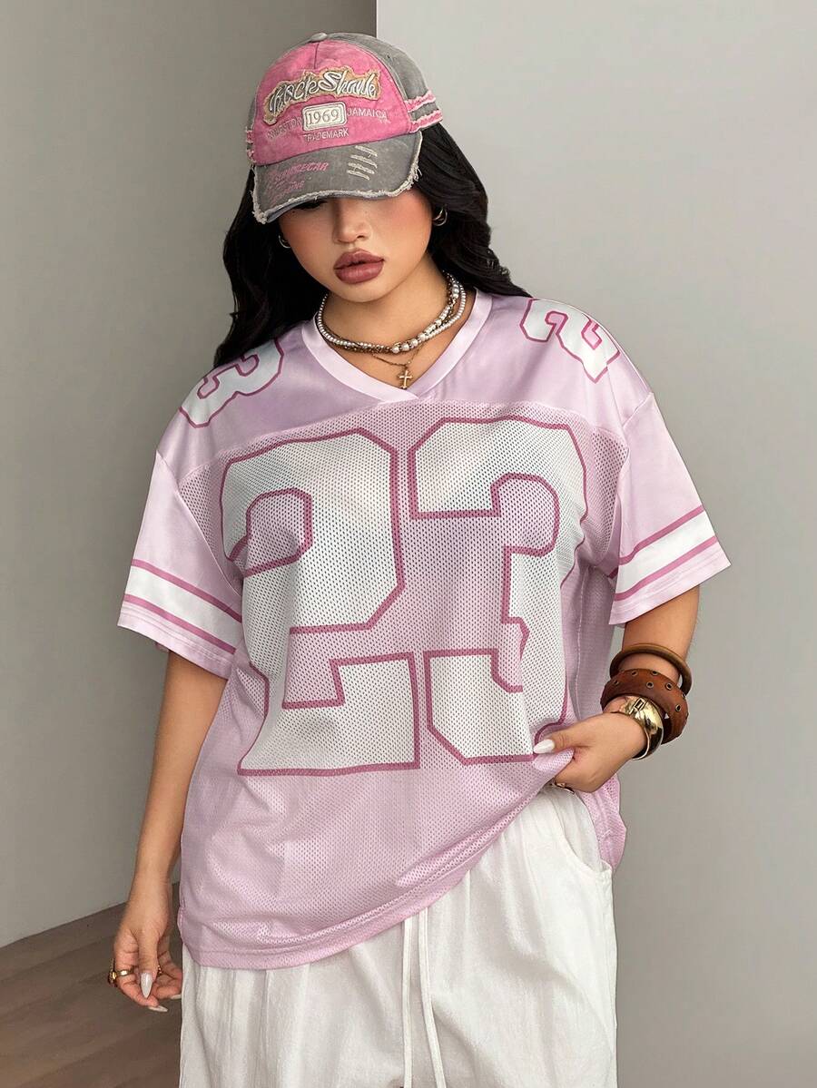 Navy blue plus size mesh baseball jersey t-shirt featuring a V-neck, raglan half sleeves, and sporty letter detailing.