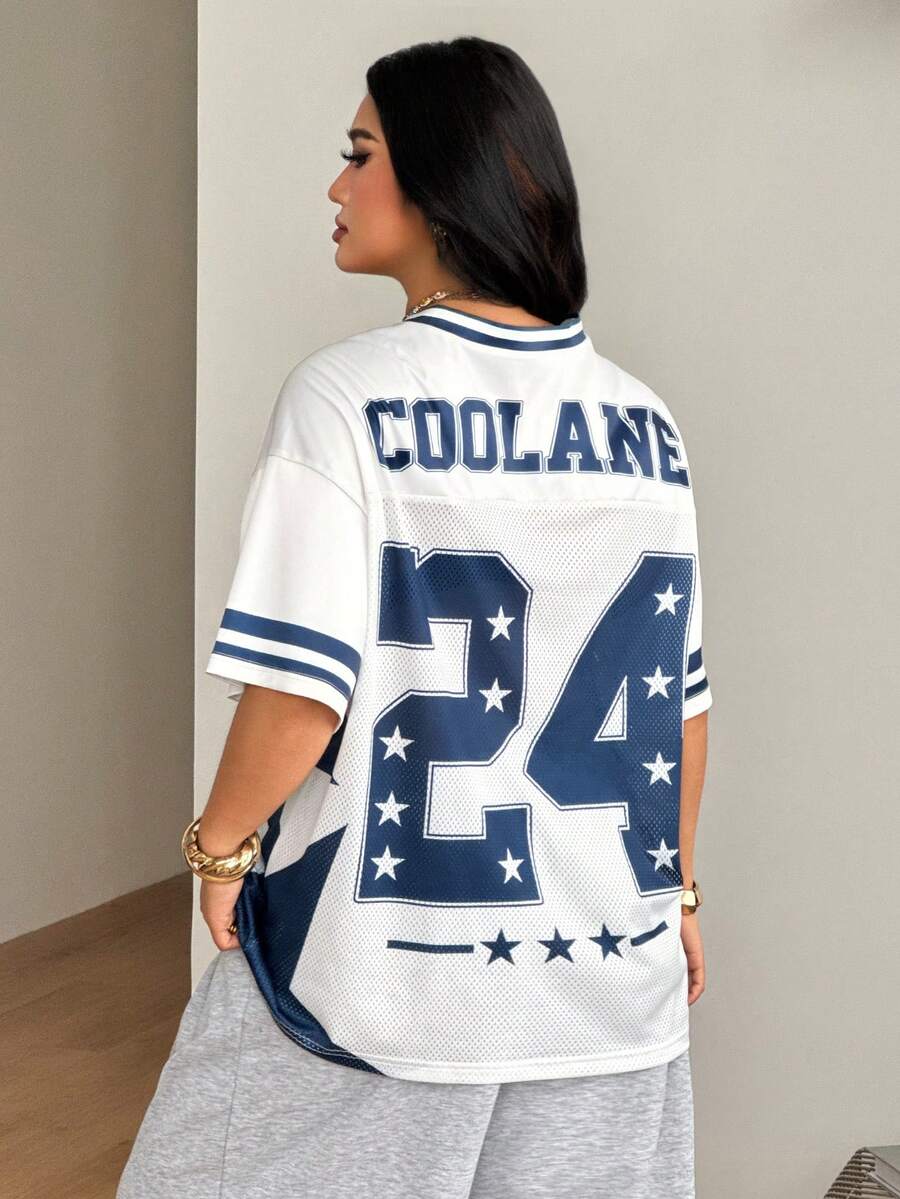 Navy blue plus size mesh baseball jersey t-shirt featuring a V-neck, raglan half sleeves, and sporty letter detailing.