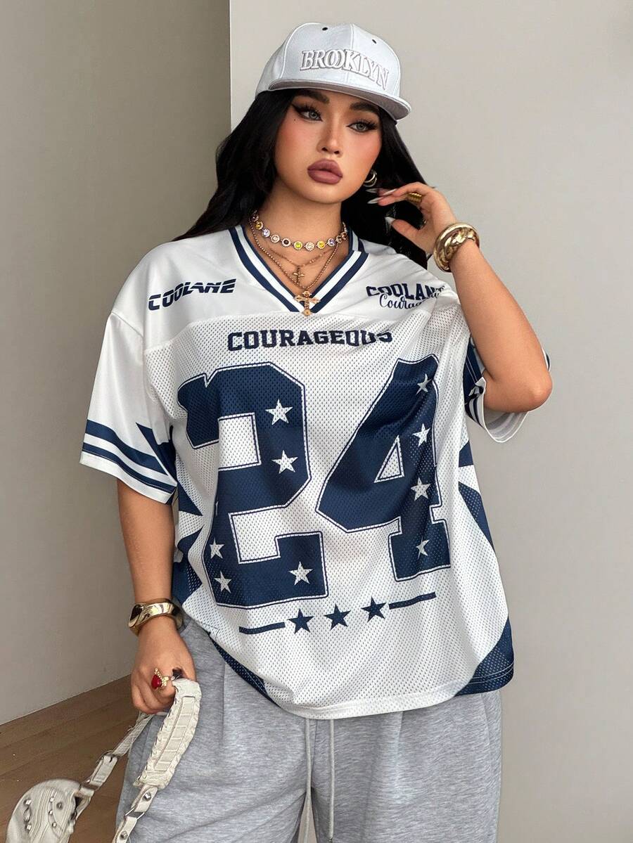 Navy blue plus size mesh baseball jersey t-shirt featuring a V-neck, raglan half sleeves, and sporty letter detailing.