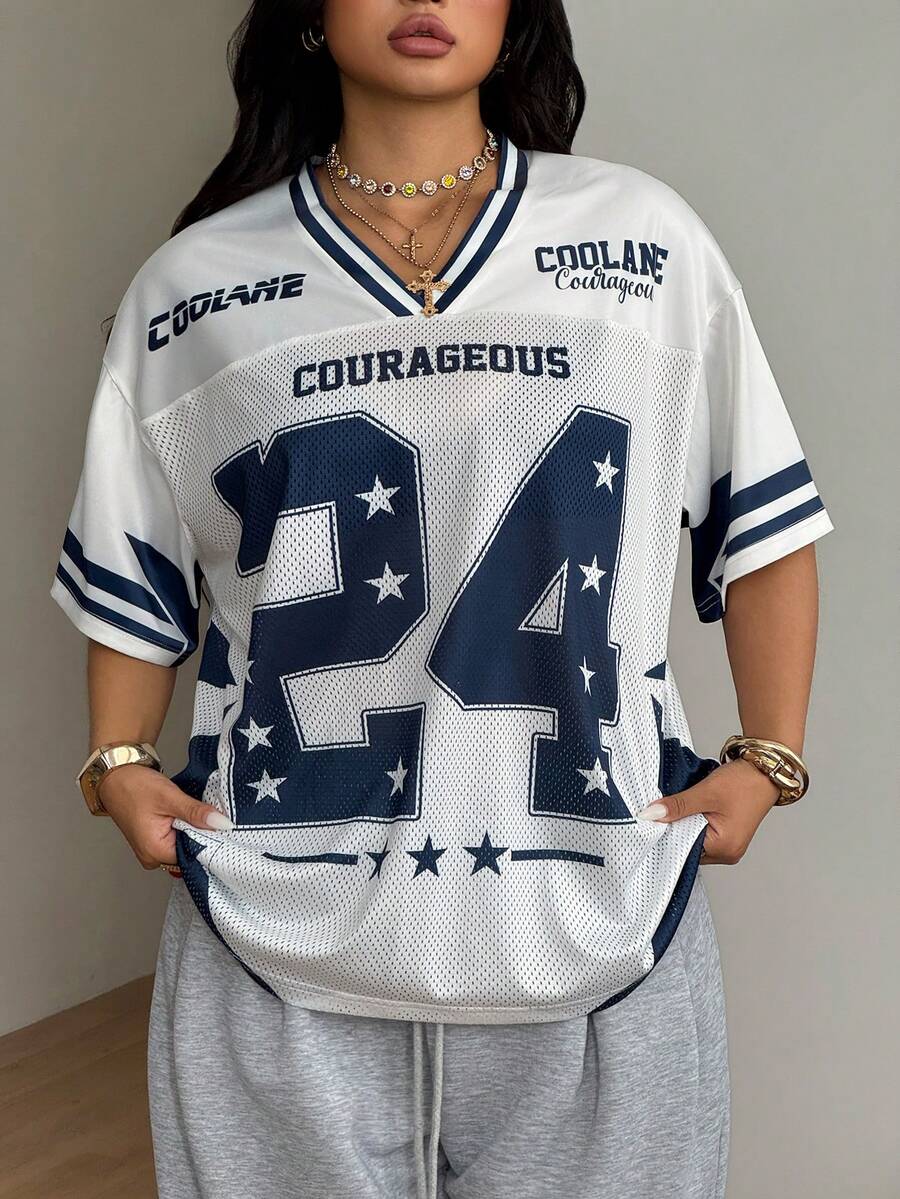 Navy blue plus size mesh baseball jersey t-shirt featuring a V-neck, raglan half sleeves, and sporty letter detailing.