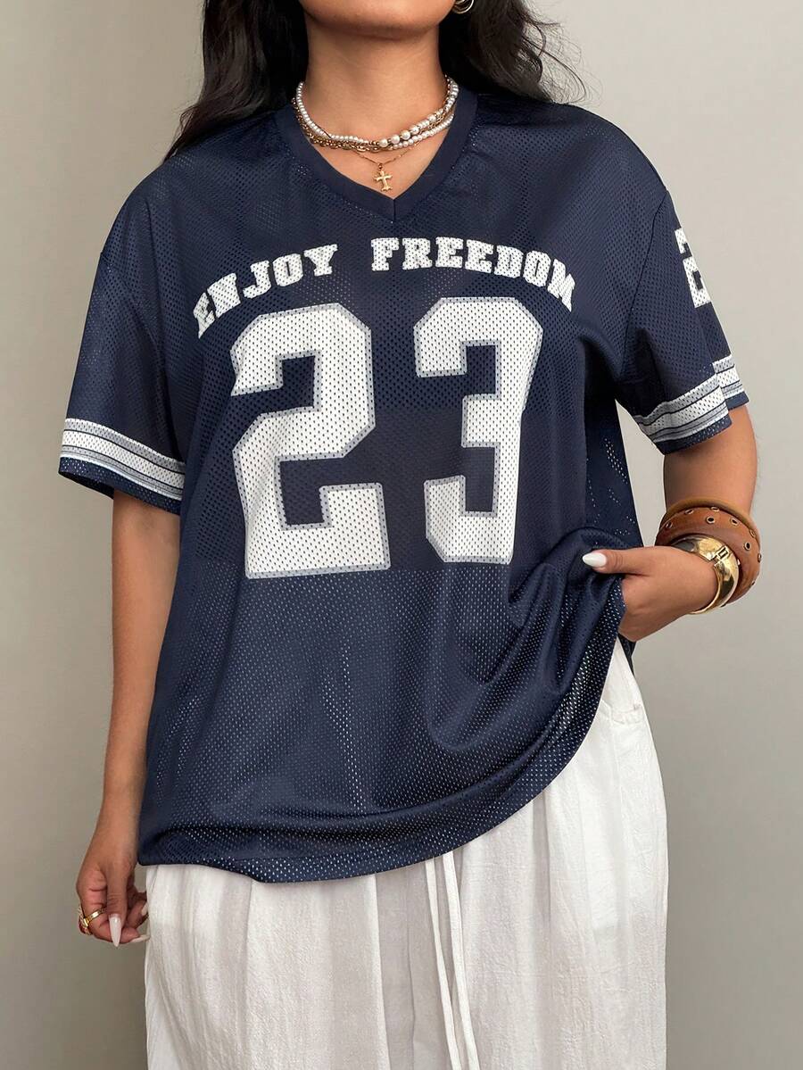 Navy blue plus size mesh baseball jersey t-shirt featuring a V-neck, raglan half sleeves, and sporty letter detailing.