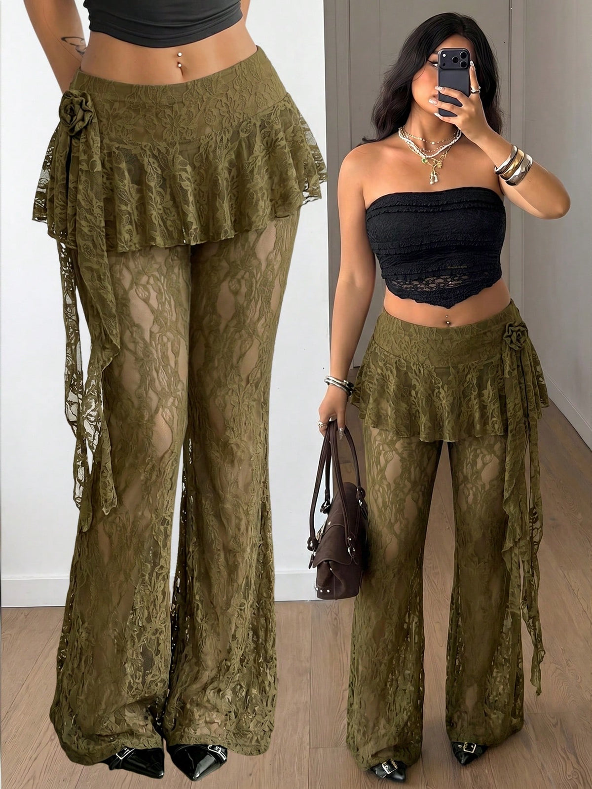 Black high-waist flare leg pants featuring contrast lace trim, floral ribbon detail, and semi-sheer knitted fabric.
