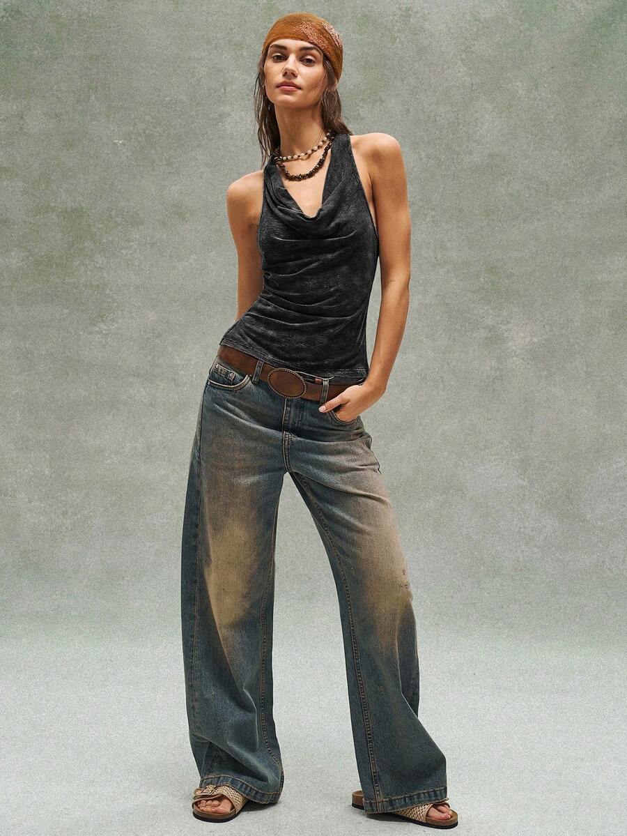 Women's casual solid color knit tank top with a backless halter neck design.