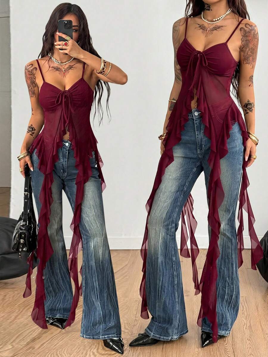 Burgundy sleeveless asymmetrical mesh long top for women featuring spaghetti straps and lace-up details with a slim fit.