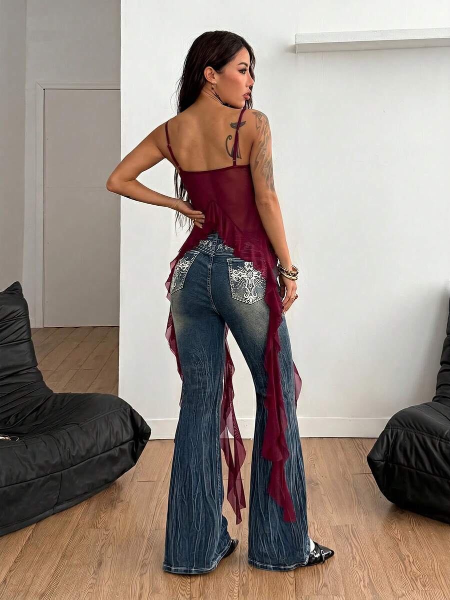 Burgundy sleeveless asymmetrical mesh long top for women featuring spaghetti straps and lace-up details with a slim fit.