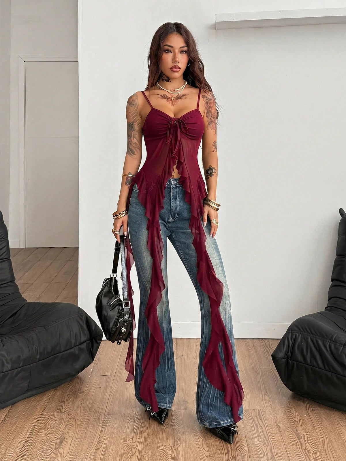 Burgundy sleeveless asymmetrical mesh long top for women featuring spaghetti straps and lace-up details with a slim fit.