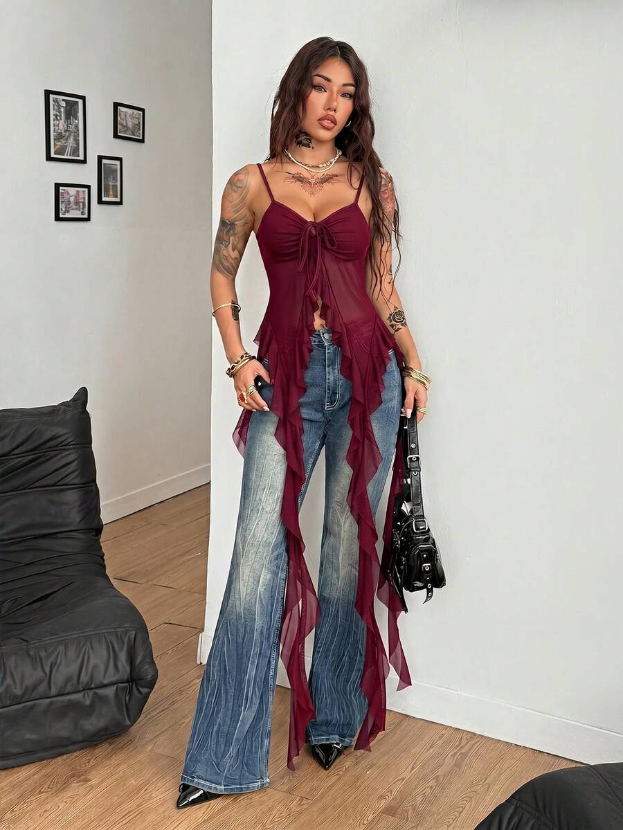 Burgundy sleeveless asymmetrical mesh long top for women featuring spaghetti straps and lace-up details with a slim fit.