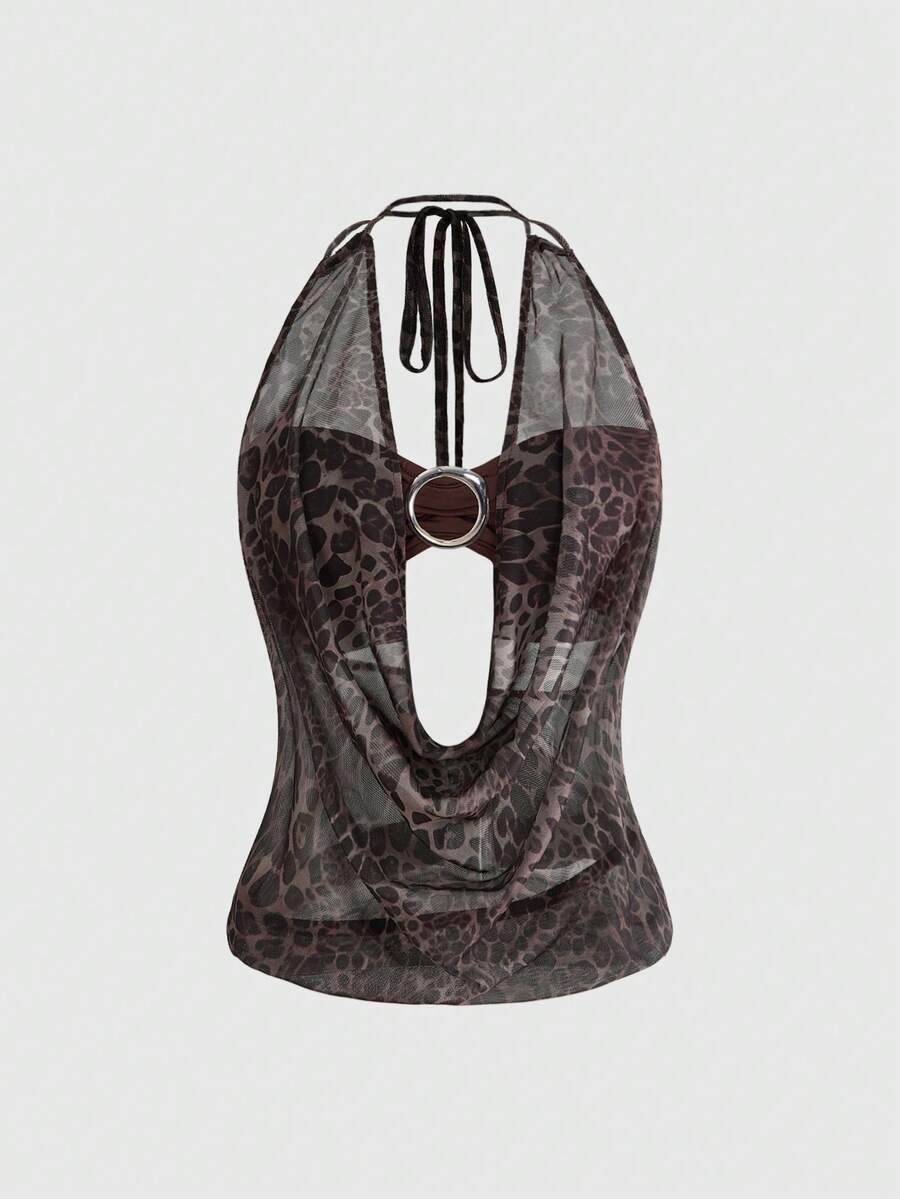 Women's Y2K retro crop tank top with draped halter neckline, cut-out detail, slim fit, and backless design
