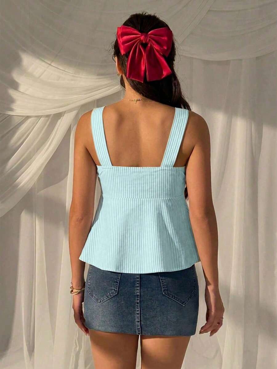 Women's striped camisole tank top with strap neckline, backless knot detail, cold shoulder styling, slim fit, and flared hem for casual vacation or daily wear.