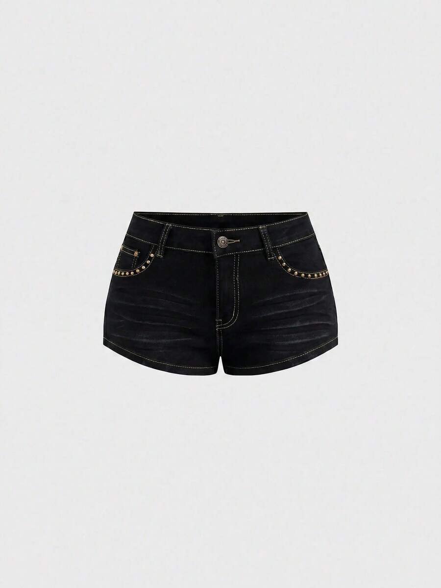 Women's Y2K low waist distressed shorts featuring butterfly studded details, pockets, and a zipper fly closure.