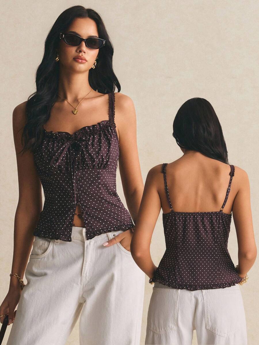 Women's casual ruffle trim wide strap tank top featuring a slim fit, strap neckline, slit hem, and woven fabric design.