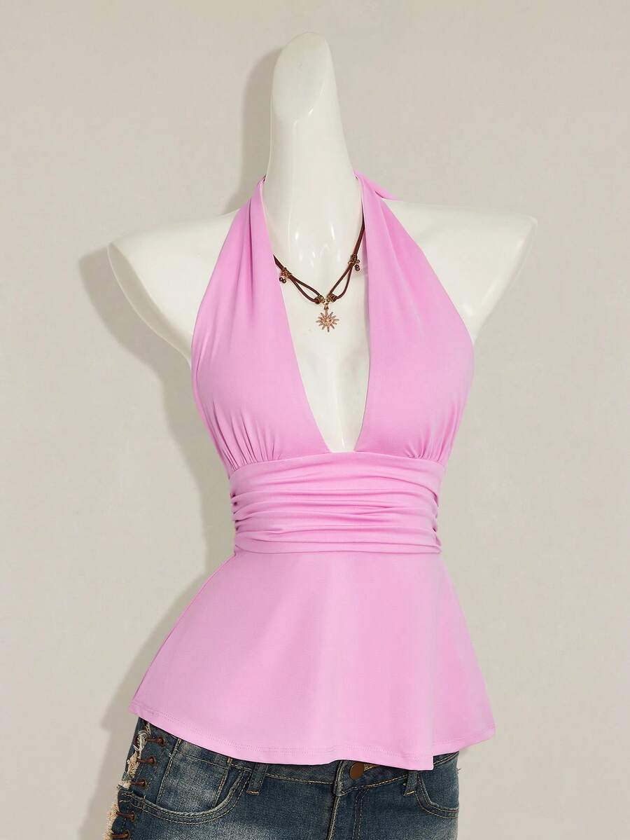 Women's backless halter babydoll tank top featuring a square neckline, slim fit silhouette, and a flared ruffle hem.