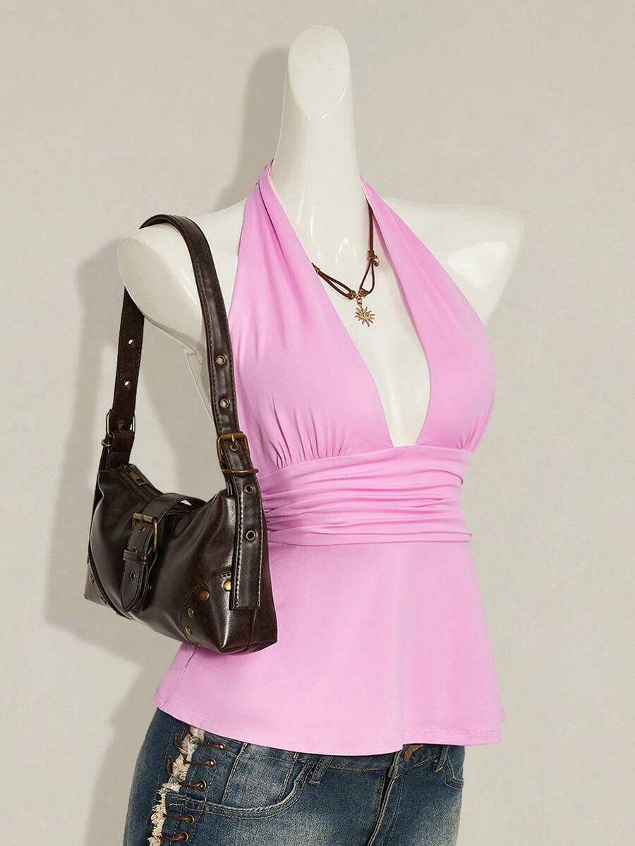 Women's backless halter babydoll tank top featuring a square neckline, slim fit silhouette, and a flared ruffle hem.
