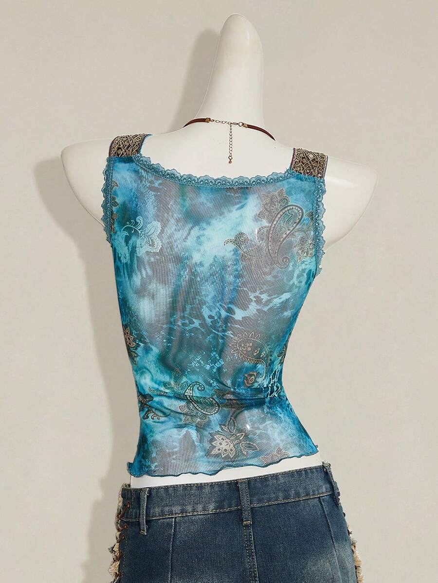 Women's Y2K fitted camisole with V-neckline, contrast lace patchwork, slim fit silhouette, backless design, and asymmetrical hem