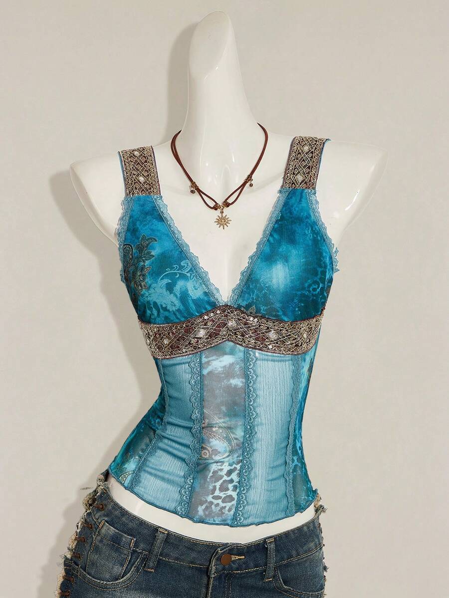 Women's Y2K fitted camisole with V-neckline, contrast lace patchwork, slim fit silhouette, backless design, and asymmetrical hem
