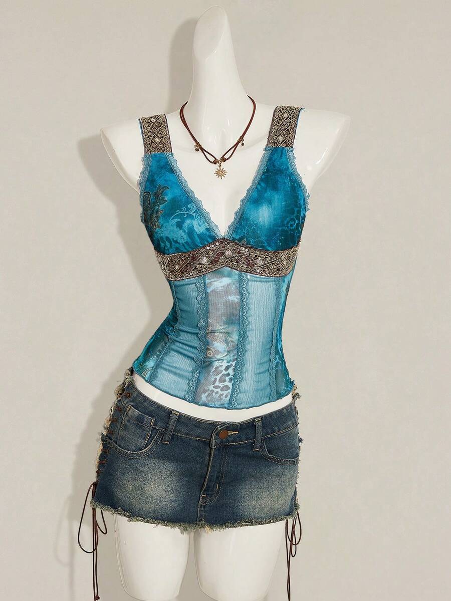 Women's Y2K fitted camisole with V-neckline, contrast lace patchwork, slim fit silhouette, backless design, and asymmetrical hem