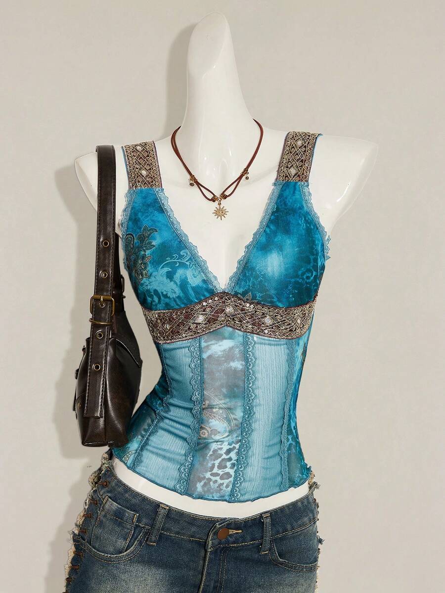 Women's Y2K fitted camisole with V-neckline, contrast lace patchwork, slim fit silhouette, backless design, and asymmetrical hem