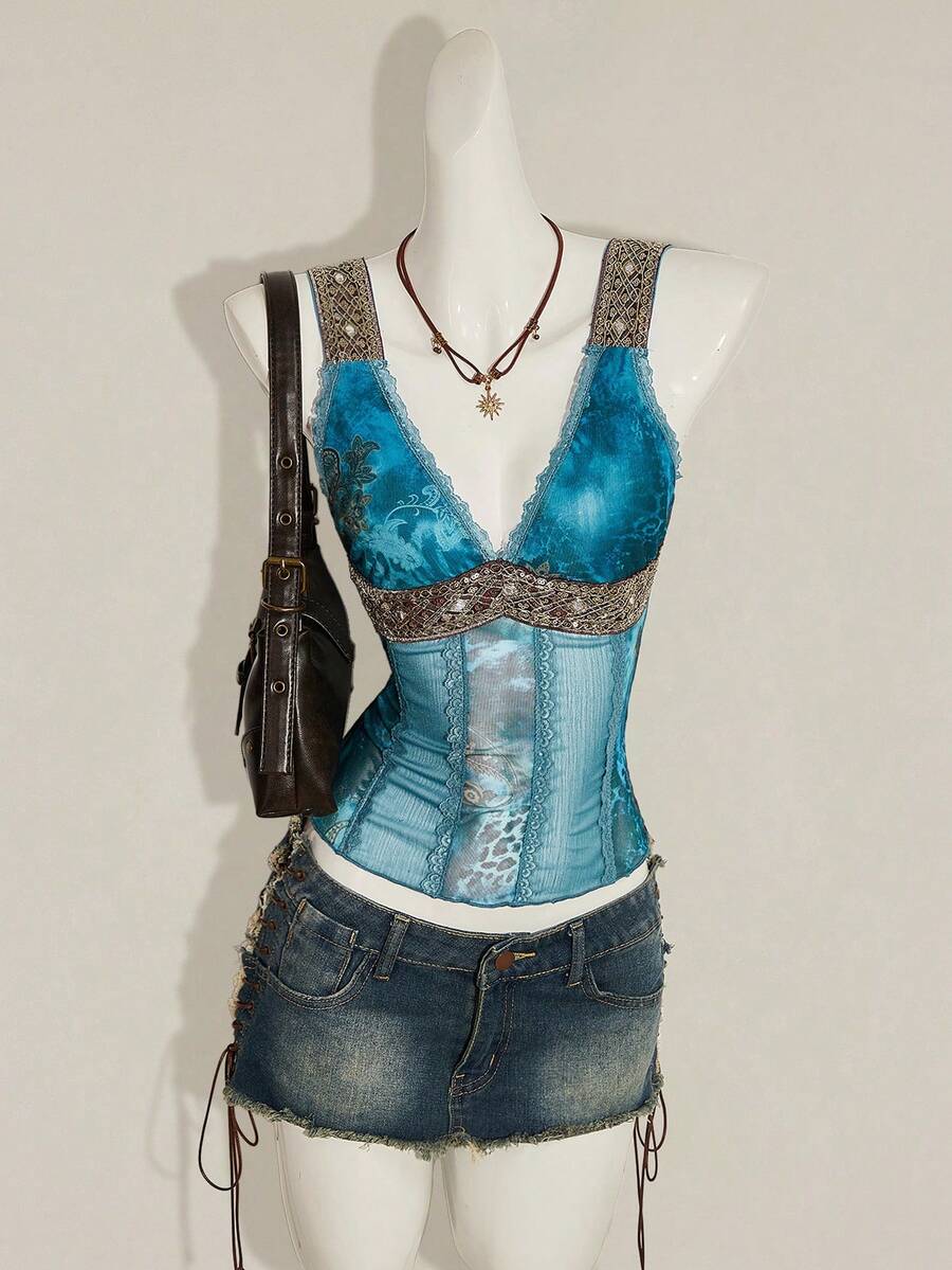 Women's Y2K fitted camisole with V-neckline, contrast lace patchwork, slim fit silhouette, backless design, and asymmetrical hem