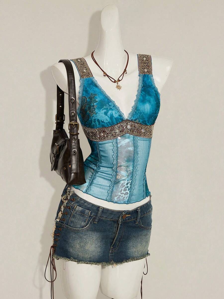 Women's Y2K fitted camisole with V-neckline, contrast lace patchwork, slim fit silhouette, backless design, and asymmetrical hem
