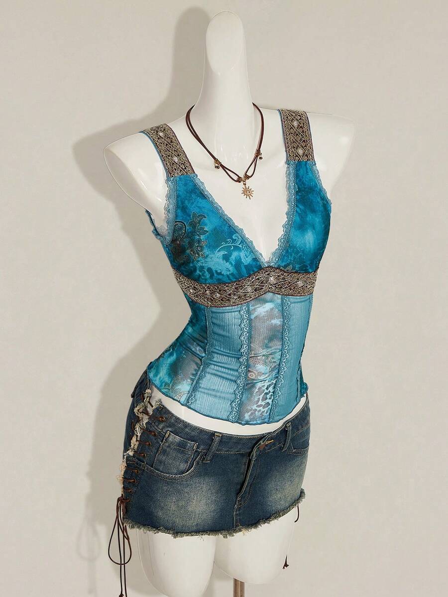 Women's Y2K fitted camisole with V-neckline, contrast lace patchwork, slim fit silhouette, backless design, and asymmetrical hem