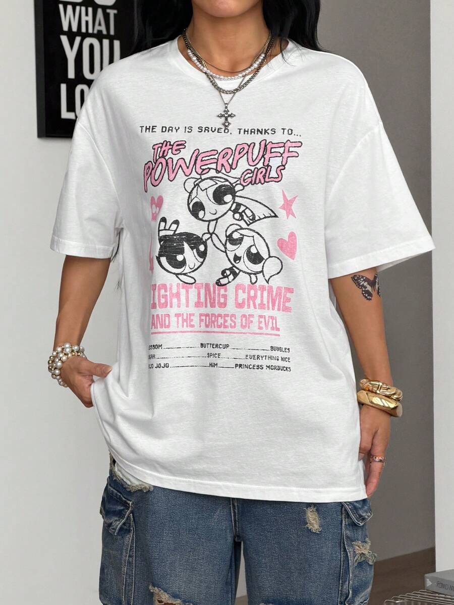 Women's oversized graphic crew neck t-shirt made of 100% white cotton knitted fabric with drop shoulder half sleeves.