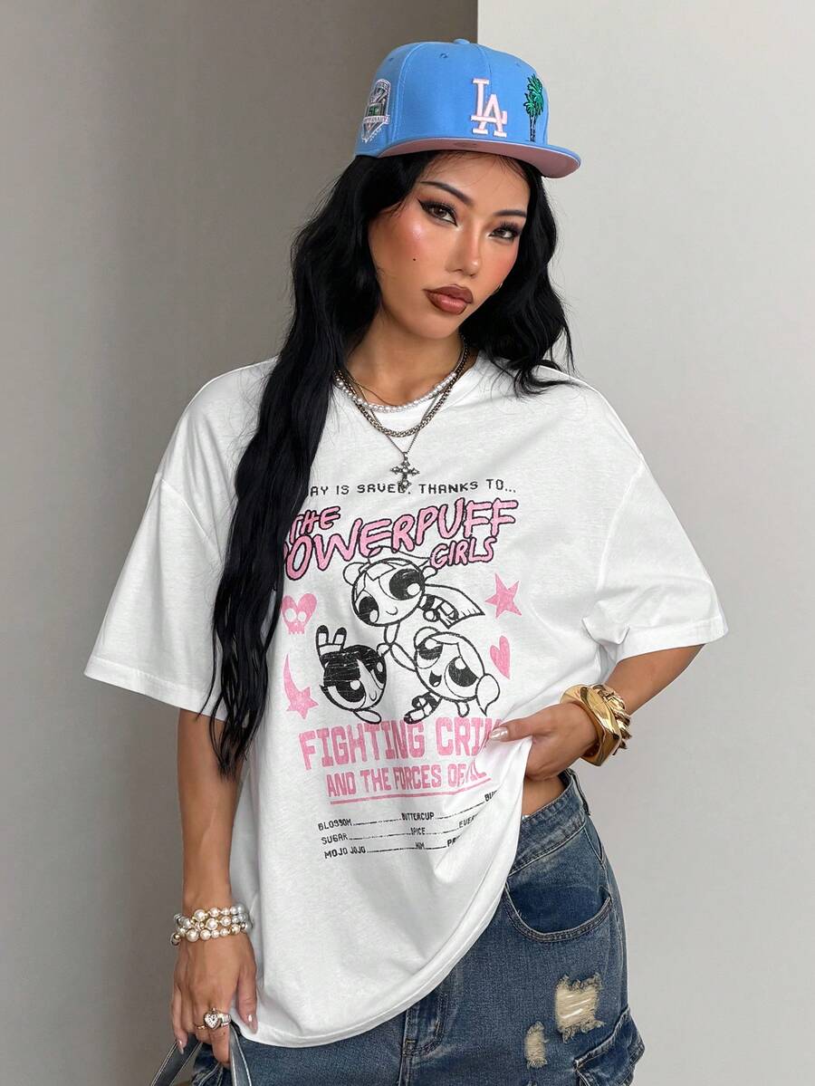 Women's oversized graphic crew neck t-shirt made of 100% white cotton knitted fabric with drop shoulder half sleeves.