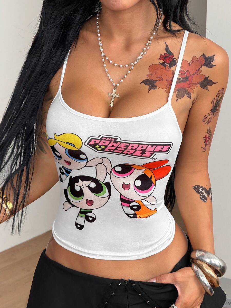 Women's graphic crop cami top with spaghetti straps and rhinestone detailing in soft knitted fabric