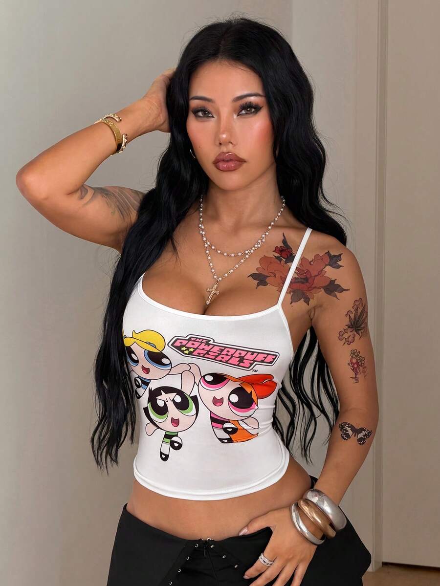 Women's graphic crop cami top with spaghetti straps and rhinestone detailing in soft knitted fabric