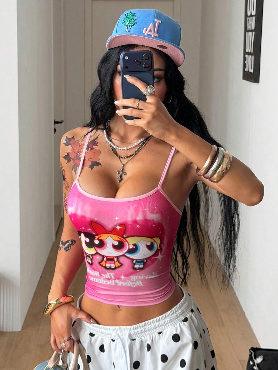 Women's graphic crop cami top with spaghetti straps and rhinestone detailing in soft knitted fabric