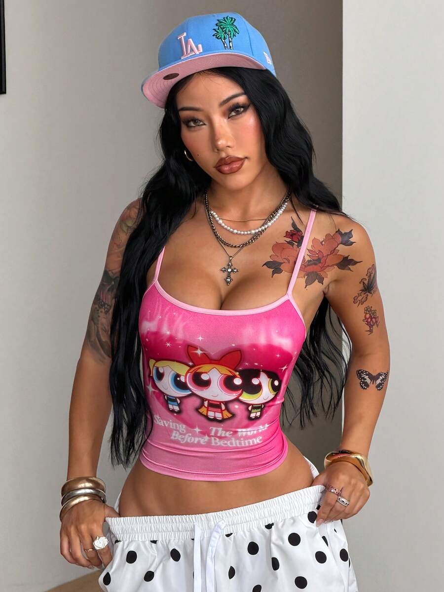 Women's graphic crop cami top with spaghetti straps and rhinestone detailing in soft knitted fabric