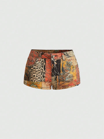 Vintage animal print ultra low waist mini shorts featuring button zipper closure, pockets, and regular fit.