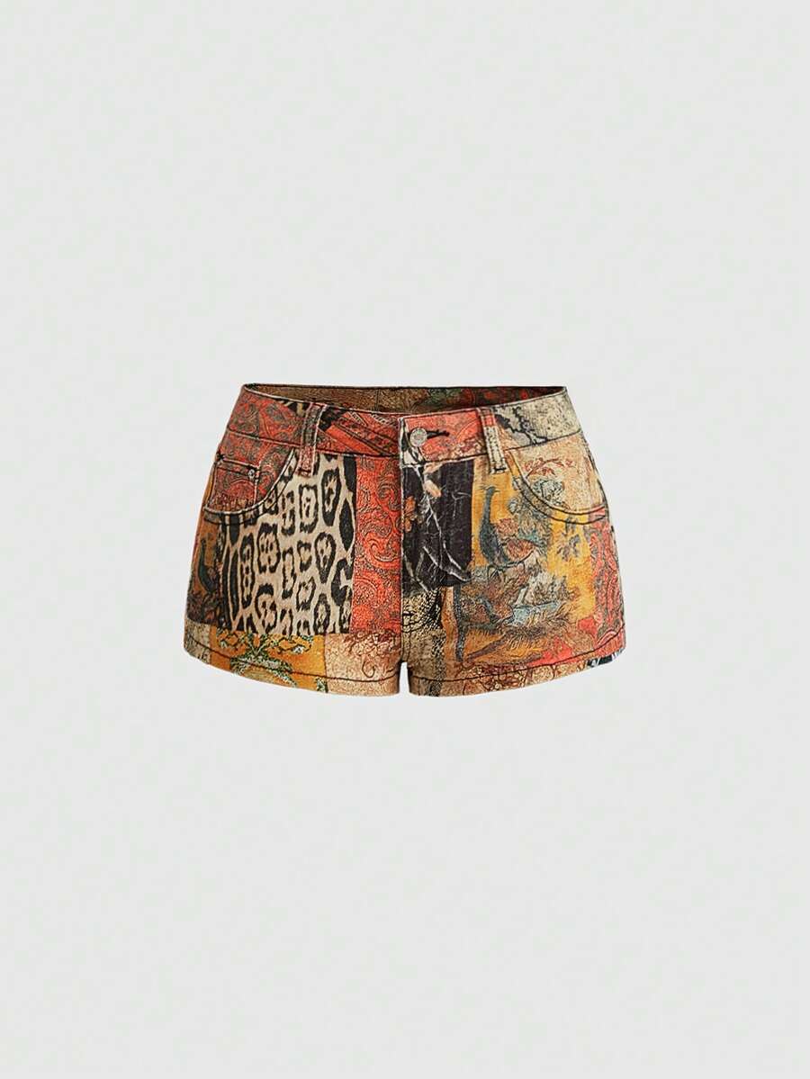Vintage animal print ultra low waist mini shorts featuring button zipper closure, pockets, and regular fit.