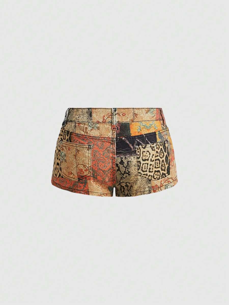 Vintage animal print ultra low waist mini shorts featuring button zipper closure, pockets, and regular fit.