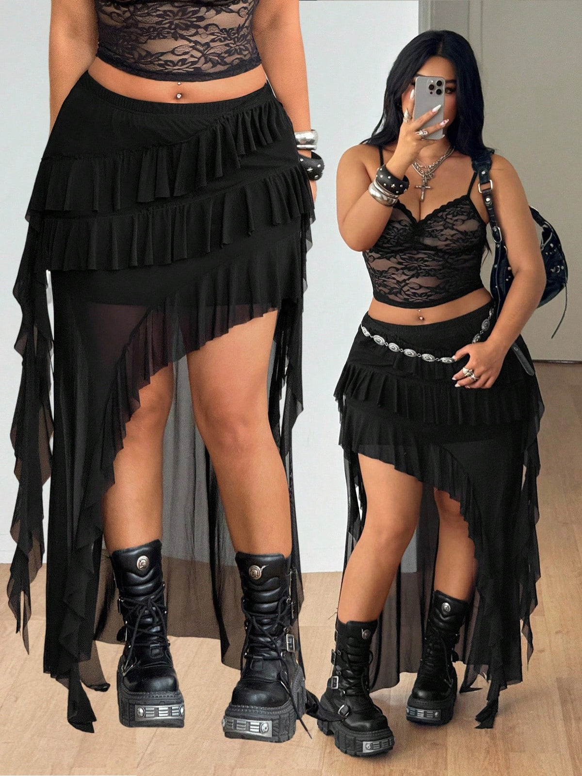 Women's plus size black asymmetrical ruffle maxi skirt with tiered mesh knit detailing and a mid-rise waist