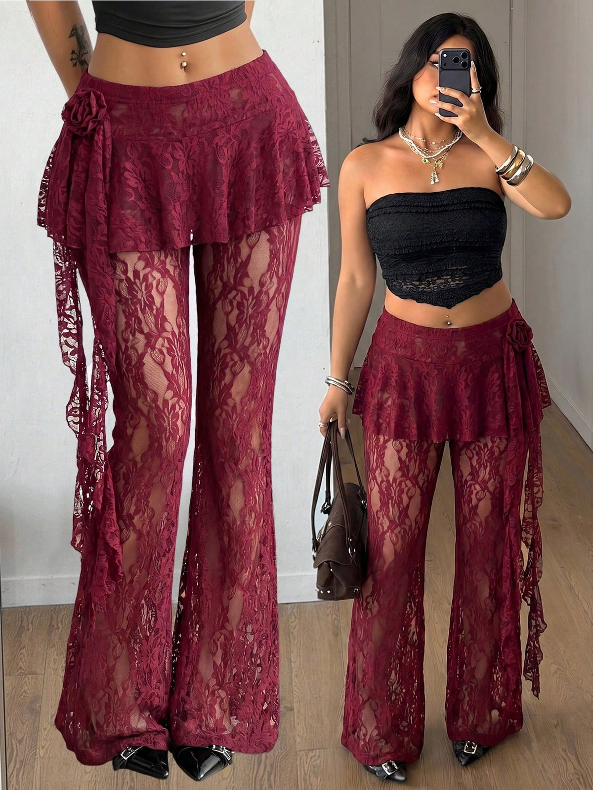 Black high-waist flare leg pants featuring contrast lace trim, floral ribbon detail, and semi-sheer knitted fabric.