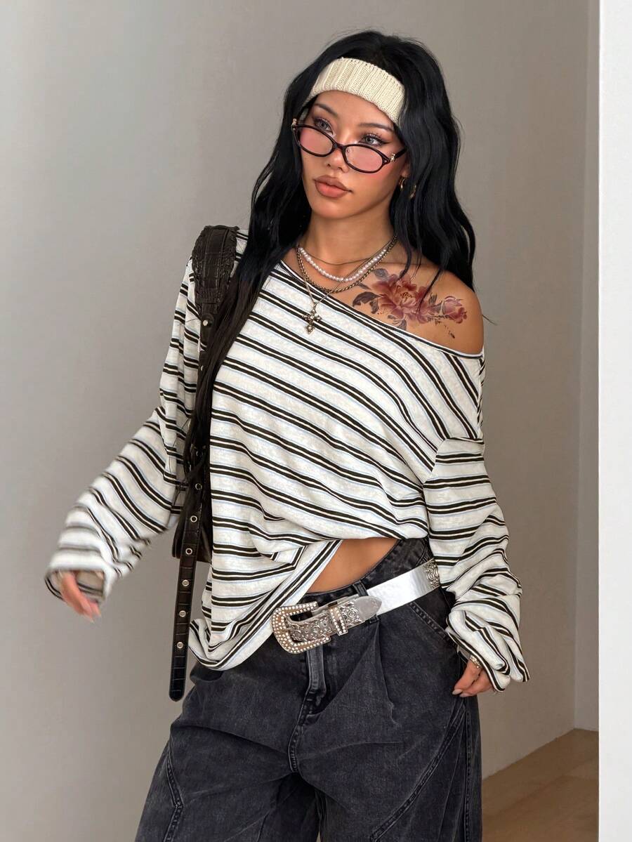 Women's brown striped boat neck long sleeve raglan T-shirt with a loose casual fit