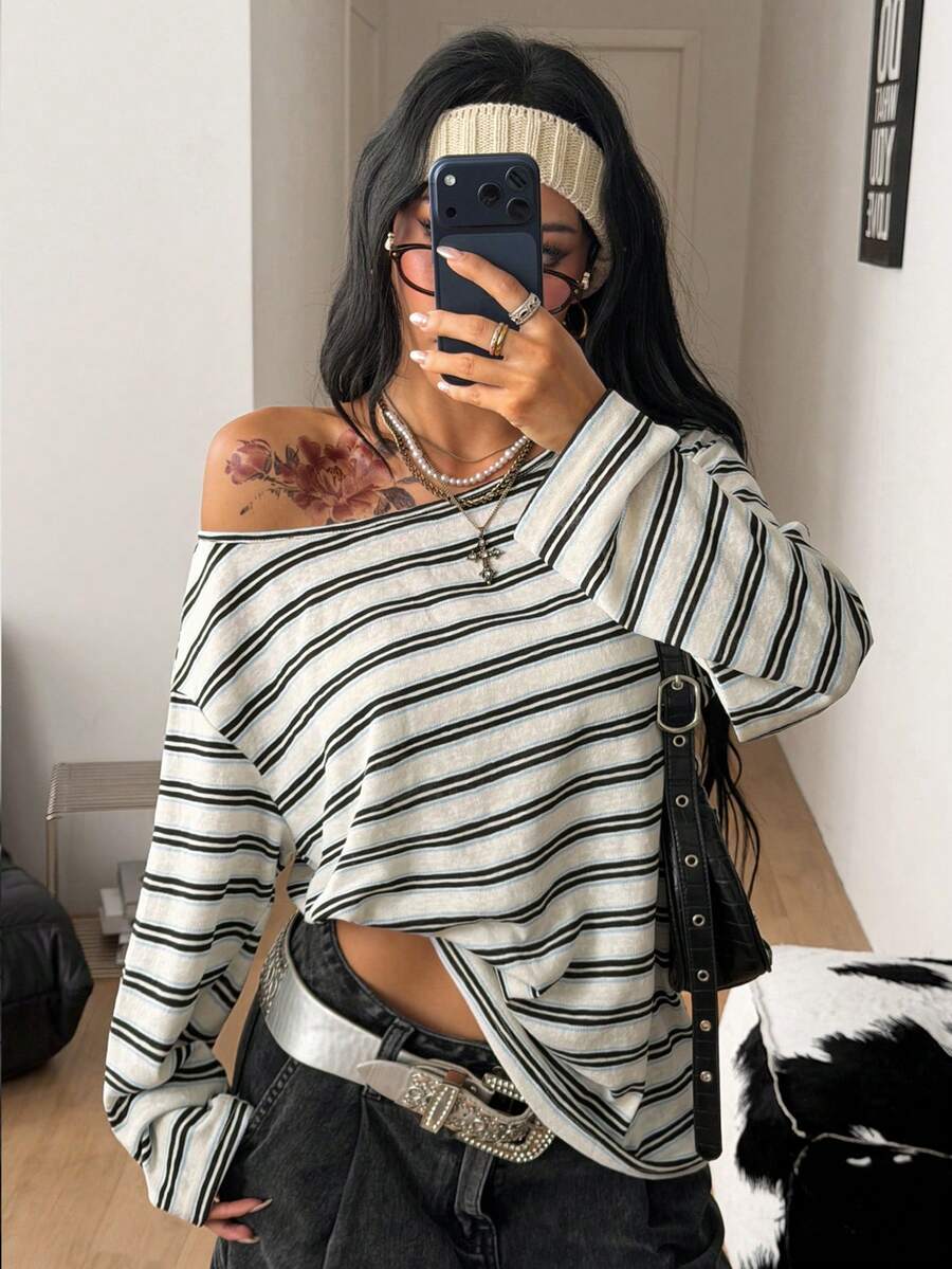 Women's brown striped boat neck long sleeve raglan T-shirt with a loose casual fit