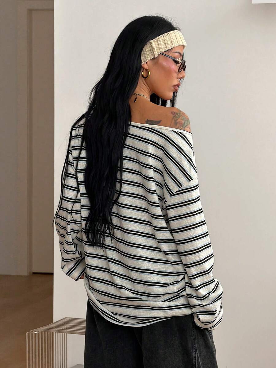 Women's brown striped boat neck long sleeve raglan T-shirt with a loose casual fit