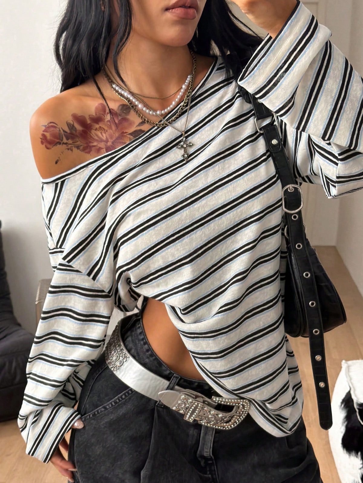 Women's brown striped boat neck long sleeve raglan T-shirt with a loose casual fit