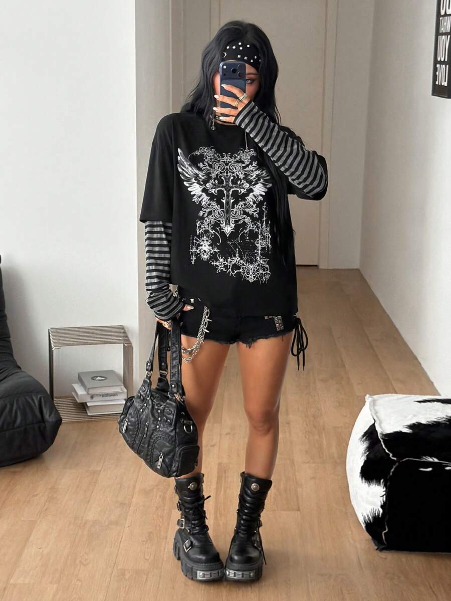 Women's casual graphic long sleeve t-shirt with a round neck, drop shoulder sleeves, and loose relaxed fit.