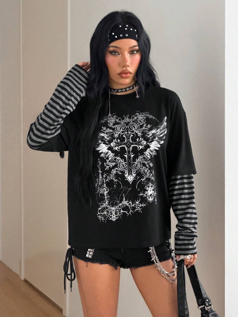 Women's casual graphic long sleeve t-shirt with a round neck, drop shoulder sleeves, and loose relaxed fit.