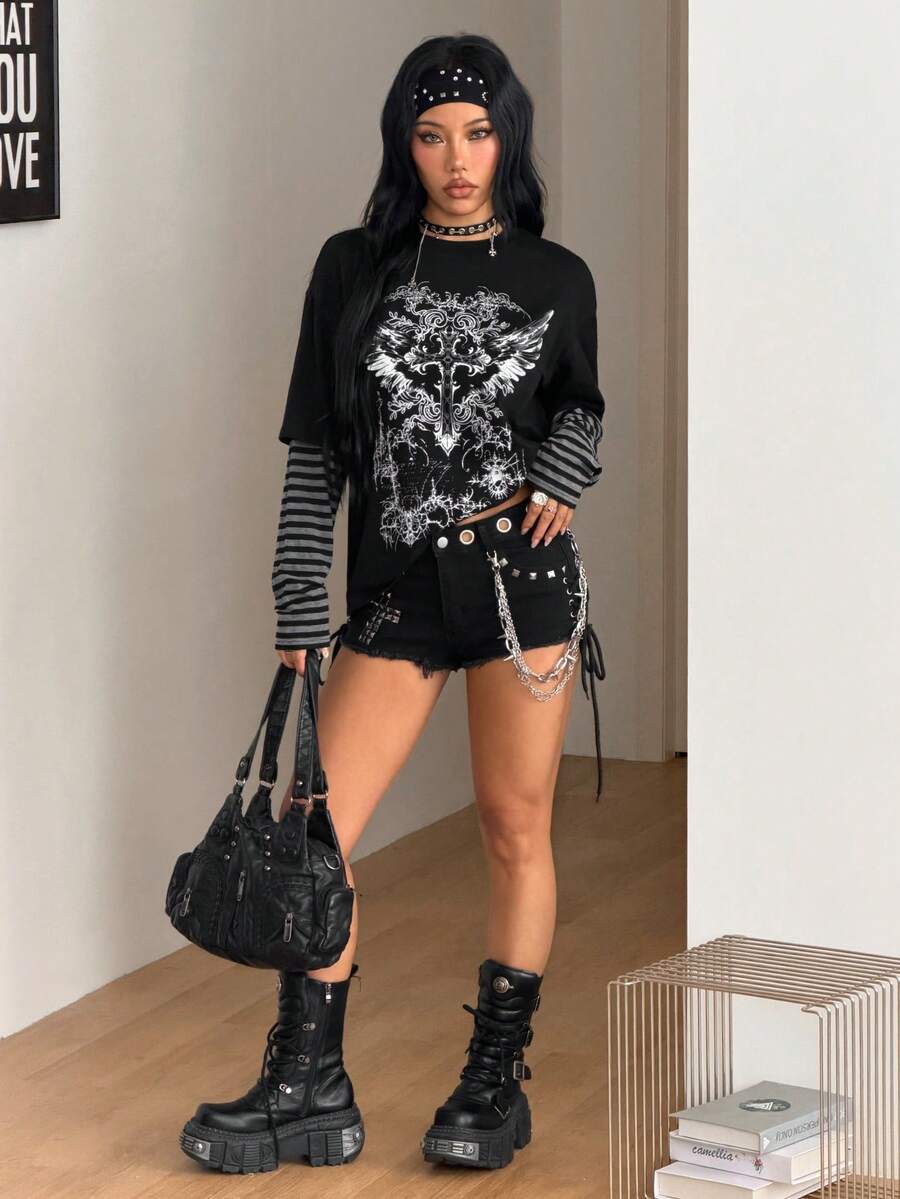 Women's casual graphic long sleeve t-shirt with a round neck, drop shoulder sleeves, and loose relaxed fit.