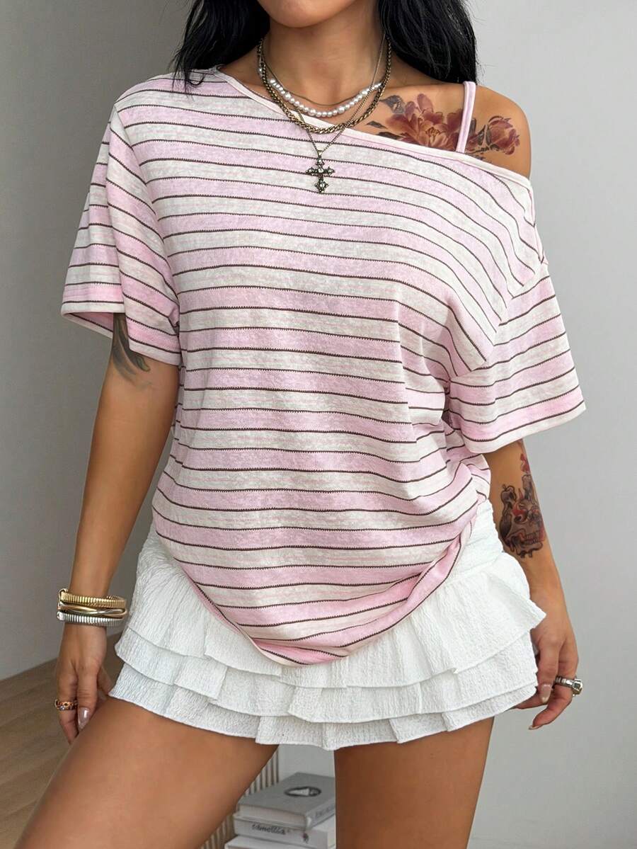 Women's casual loose fit cold shoulder cotton t-shirt with asymmetrical cutout neckline and short sleeves.