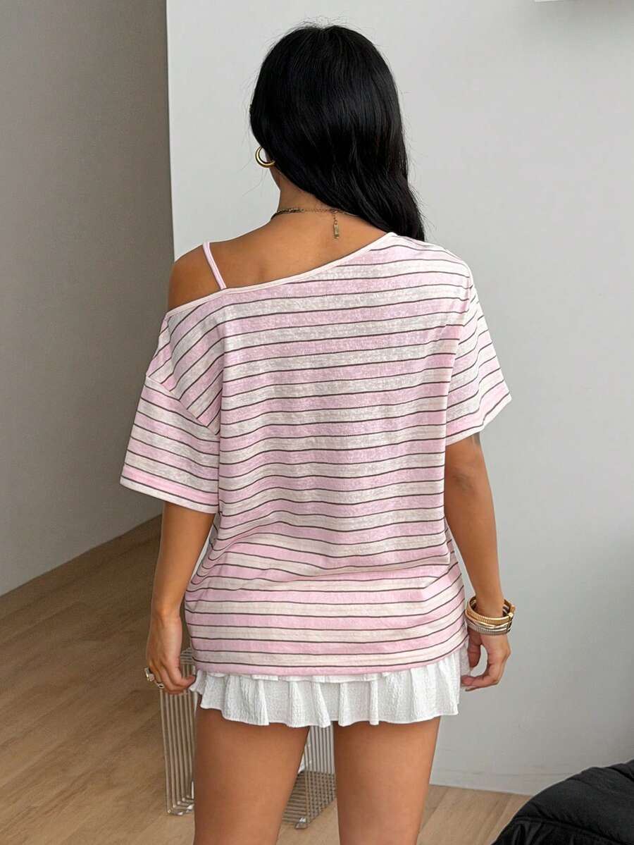 Women's casual loose fit cold shoulder cotton t-shirt with asymmetrical cutout neckline and short sleeves.