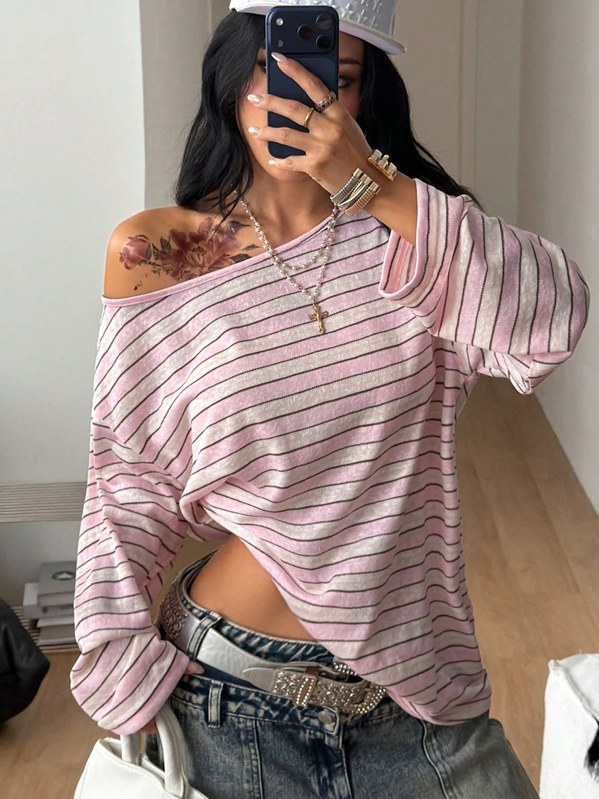 Women's brown striped boat neck long sleeve raglan T-shirt with a loose casual fit
