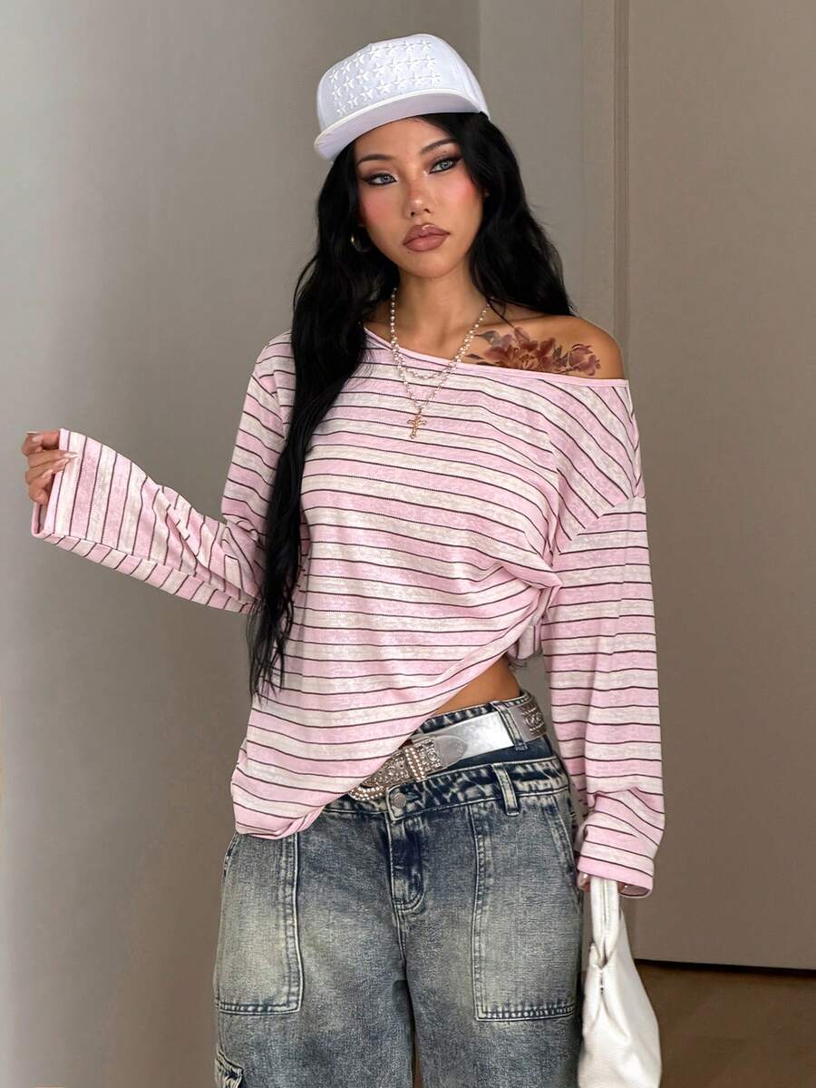 Women's brown striped boat neck long sleeve raglan T-shirt with a loose casual fit